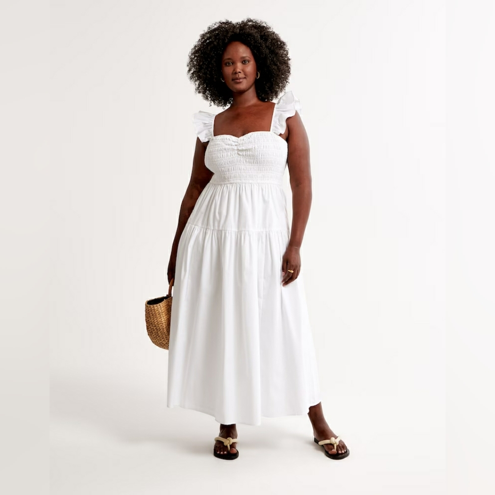 NWT Abercrombie & Fitch White Poplin Ruffle Strap Smocked Midi Dress Size XS